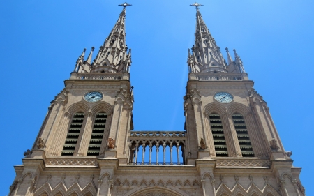 Basilica in Argentina - towers, Argentina, clocks, church