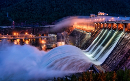 Dam - night, fog, water, dam, lights