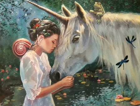 Girl and unicorn - javier carmona, fantasy, girl, kiss, unicorn, art, luminos