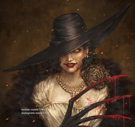 Lady Dimitrescu - hat, lady dimitrescu, girl, nan fe, jewel, dark, vampire, fantasy, nanfe, art