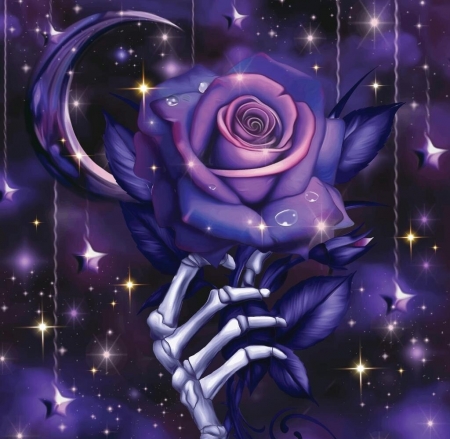 Dark rose - moon, night, flower, stars, dark, fantasy, purple, hand, rose, halloween, harsh taggar, art, luna, bones