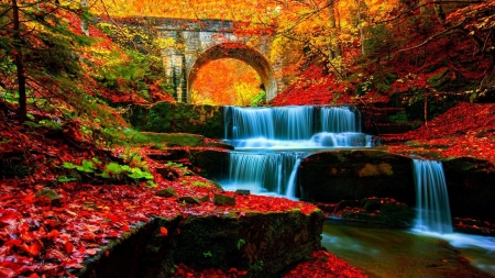 River Cascades - fall, waterfall, autumn, colors, bridge, leaves