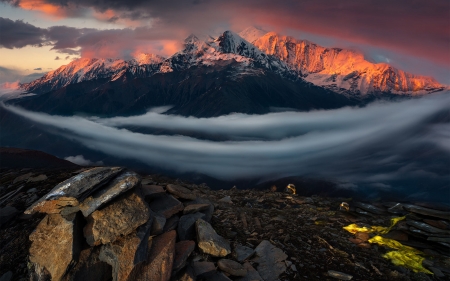 Fog in Valley - valley, fog, mountain, sun