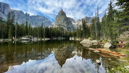 Mirror Lake, Tenaya Creek, California - clouds, landscape, trees, sky, water, mountains, usa, reflections