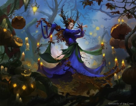 Leinora Autumn Queen - blue, queen, girl, night, fariba khamseh, fantasy, toamna, autumn, lights, fairy, art, luminos