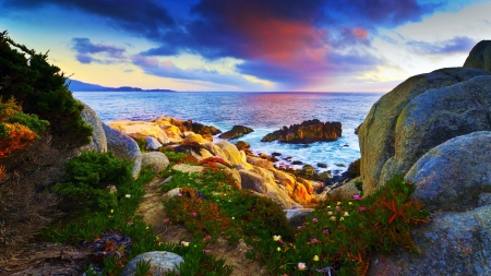 Carmel Bay from Pescadero Point, Pebble Beach, California - sky, sunset, sea, clouds, rocks, usa