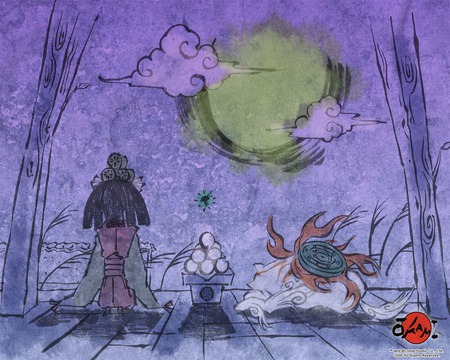 ÅŒkami å¤§ç¥ž Amaterasu and Kushi looking at moon - moon, amaterasu, kushi, okami