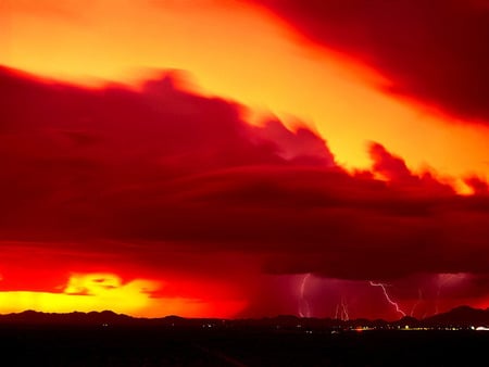 Sunset - sky, dark, clouds, red, sun, lighting, black, storm