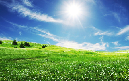 Spring Sun - blue, fields, spring, grass, skies, white clouds, nature, sun, sky