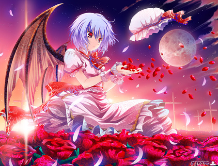 Remilia Scarlet - moon, anime girl, beautiful, hot, beauty, petals, short hair, vampire, touhou, wings, cute, remilia scarlet, remlia scarlet, purple hair, sexy