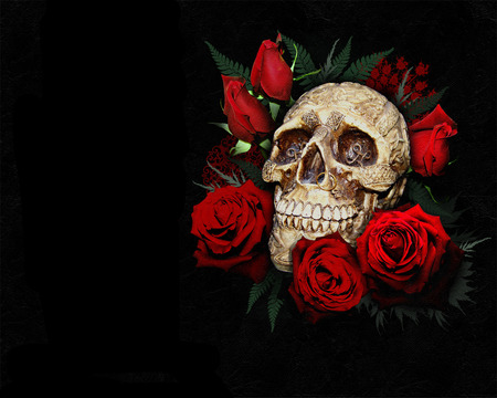 skull and roses - skull, scary, art, dark, roses, horror, evil