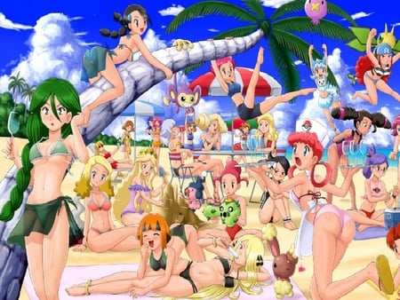 girls at the beach - anime, female, videogame, pokemon, beach, nintendo, red head, bikini, blond, video game, women, anime girl, swimsuit, girl, nurse joy, party, girls, sexy