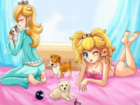 princess peach and Rosalina - women, mario, female, videogame, rosalina, girl, dog, princess peach, nintendo, cute, sexy, video game