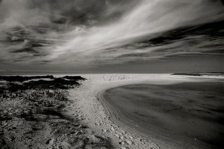 Smooth Skies - sky, ocean, sun, tide, water, rock, sand, sea