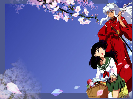 Cherry Blossom Trip - inuyasha, kagome, anime, anime girl, female, sakura, girl, flower, cute, bicycle, lover, couple