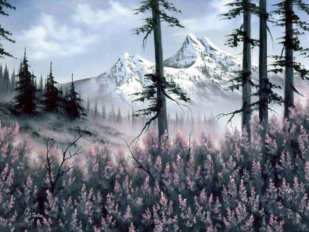 bob ross  - forest, mountains, winter, beautiful, flowers, art, nature, painting, snow