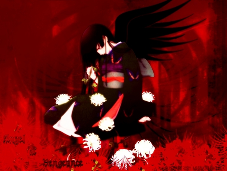 Jigoku Shoujo - anime, jigoku shoujo, girl, long hair, red eyes, ai enma, wings, black hair, cute, hell girl, sexy