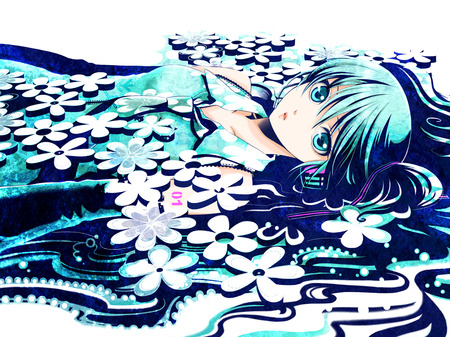 Hatsune Miku - hatsune miku, sexy, girl, twintails, blue eyes, long hair, blue hair, vocaloid, anime, flowers, cute