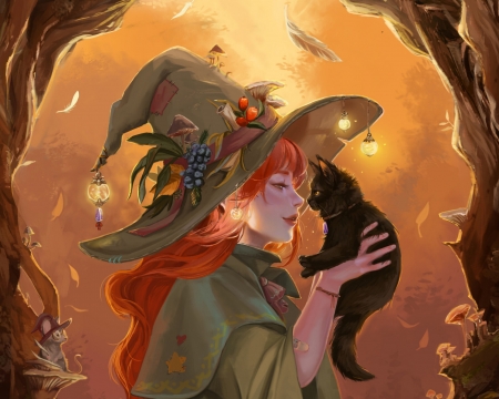 Witch - hat, girl, orange, cat, witch, fantasy, pisici, halloween, alicja siemiatkowska, art, luminos