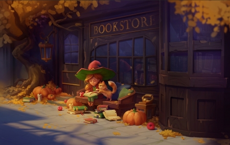 Halloween's tales - orange, witch, art, daria silbern, cat, girl, halloween, book, fantasy, pisici, pumpkin, redhead, luminos