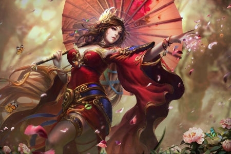 Fantasy girl - red, frumusete, tian zi, fantasy, parasol, luminos, girl