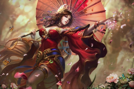 Fantasy girl - frumusete, fantasy, parasol, red, girl, tian zi, luminos