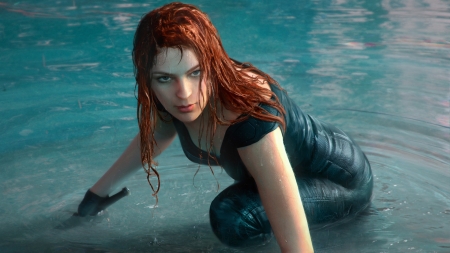 Assassin - fark, tian zi, art, fantasy, luminos, redhead, girl, water