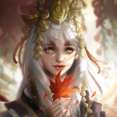 Autumn leaf - ssart, frumusete, s s, cute, summersnow, girl, orange, fantasy, face, autumn, leaf, luminos, toamna