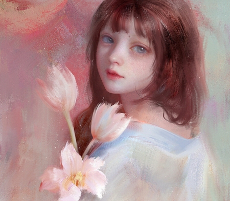 Girl - user 23385, girl, flower, pink, gigi, superb, frumusete, fantasy, gorgeous, user23385, face, art, luminos