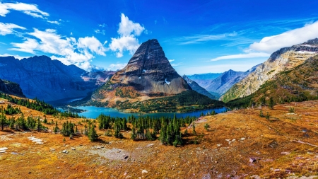 Hidden Lake, Glacier National Park - mountains, usa, Montana, trees, clouds, landscape, sky