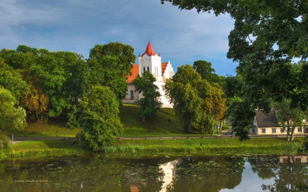 Church in Latvia - calm, Latvia, trees, lake, church