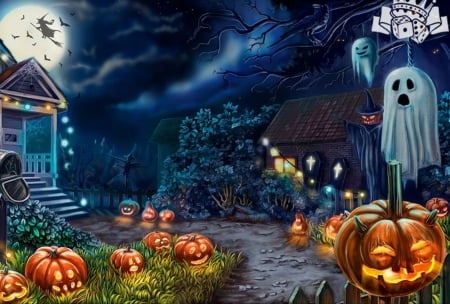 Halloween night - witch, ghost, pumpkins, digital, artwork