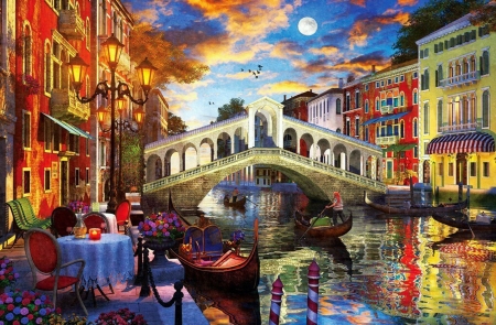 Rialto Bridge, Venice - artwork, table, lamp, chair, flowers, boats, digital, canal, houses, restaurant