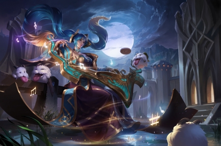 Sona - night, blue, moon, fantasy, sona, luna, girl, haixiang mu, lol