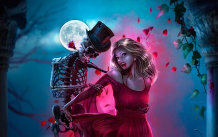 Halloween tango - dance, tango, skeleton, skull, girl, halloween, rose, fantasy, nisha2313, red, luna, luminos, love and hatred, blue, night, moon, couple, bones, trandafir