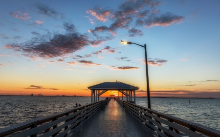 Sunrise in Florida, USA - clouds, pier, ocean, sunrise, America