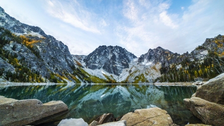 Colchuck Lake at sunrise, Leavenworth, Washington - reflection, clouds, landscape, sky, water, mountains, rocks, usa