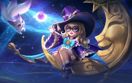 Chang'e - moon, yellow, blue, girl, change, bunny, cat, witch, fantasy, halloween, cute, luna, chang e