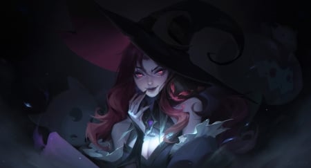 Miss Fortune - hat, miss fortune, girl, cindy feng, lol, witch, fantasy, halloween, face, art