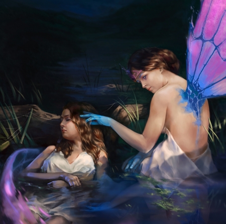 In the water - blue, water, girl, pink, dark, fantasy, purple, wings, fairy, daniil ivanov, couple