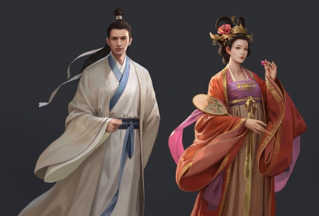 Prince and princess - frumusete, hand fan, prince, couple, girl, fantast, princess, zhenquan jin, asian, man