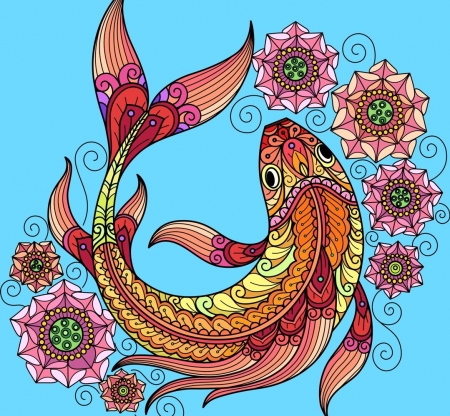 Goldfish - harsh taggar, fish, orange, water, blue, view from the top, summer, fantasy, pesti, flower, lotus, vara