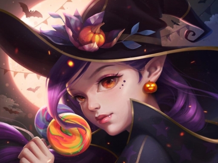 Witch - lollipop, candy, girl, bat, earring, halloween, fantasy, moon, pumpkin, face, harsh taggar, luna, hat