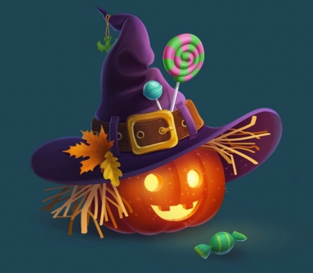 Happy Halloween! - hat, krasnova lyudmila, pumpkin, witch, fantasy, lollipop, halloween, art, candy