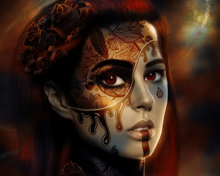 Chocolate covered cherries with liqueur - brown, fiendcute, frumusete, art, fantasy, portrait, face, girl