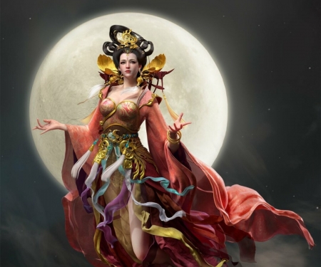 Moon goddess - red, rootworkshop, moon, fantasy, luna, girl, goddess