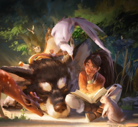 Reading - rabbit, nuotan, dog, girl, nuo tan, bunny, fantasy, animal, deer, art, luminos