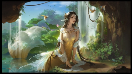 Mermaid - fantasy, yellow, gorgeous, girl, yuanyuan wang, siren, golden, mermaid, summer, superb, vara