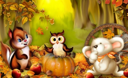 Cute Halloween - owl, halloween, pumpkin, squirrel