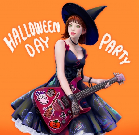 Witch - hat, girl, orange, party, guitar, witch, instrument, fantasy, halloween, lightbox